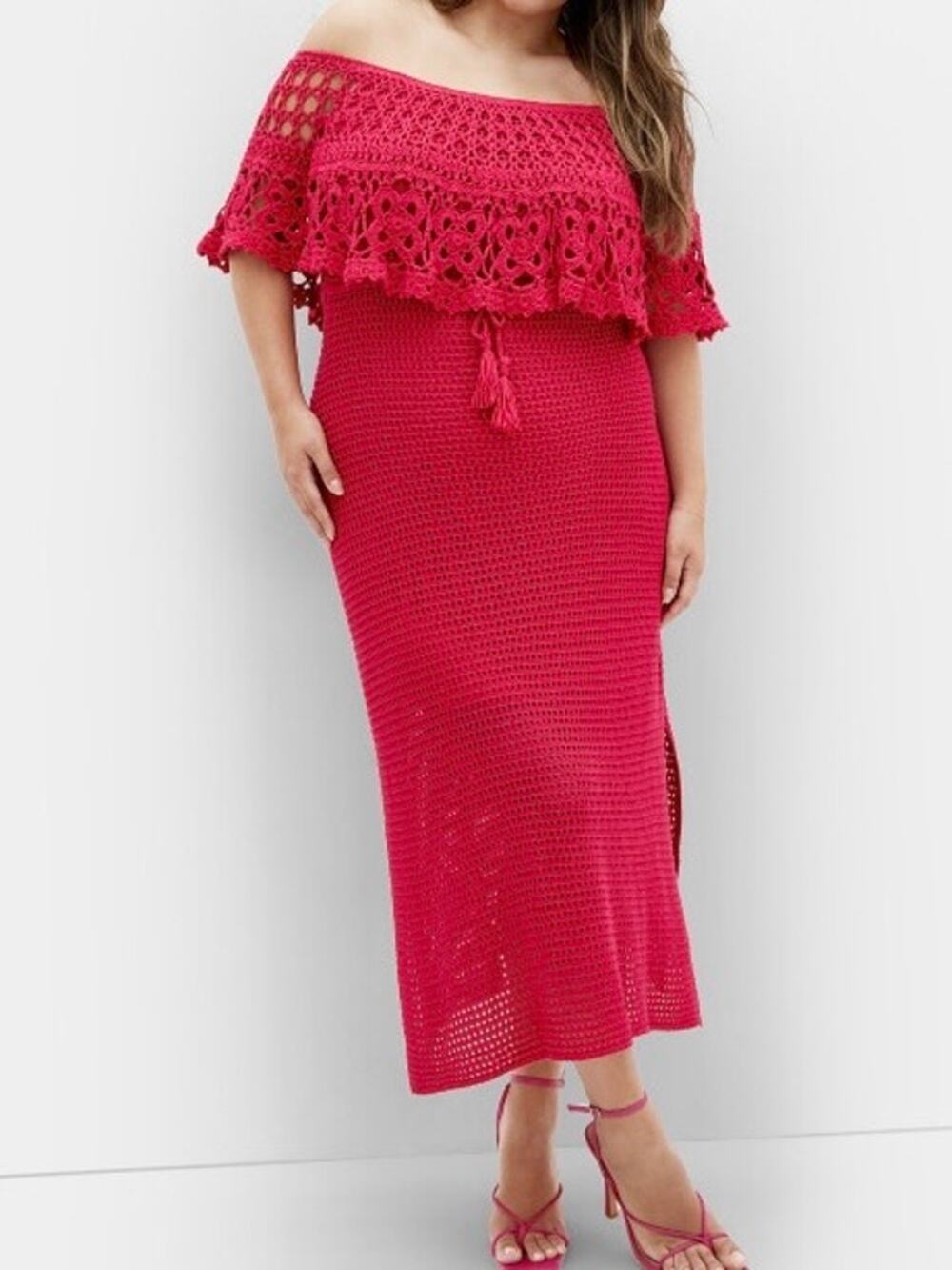City Chic Raspberry Red Crochet Callie Maxi Dress Sz.L/20 NWT